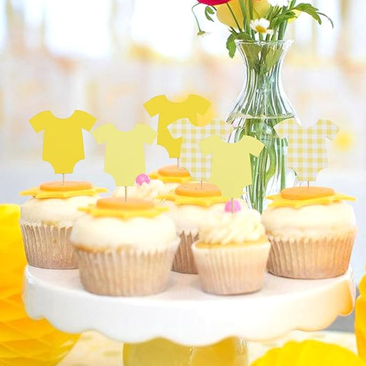 Yellow Bodysuit Cupcake Topper - Baby Shower Decoration Yellow Gingham Cake Topper,Baby Shower Bunting