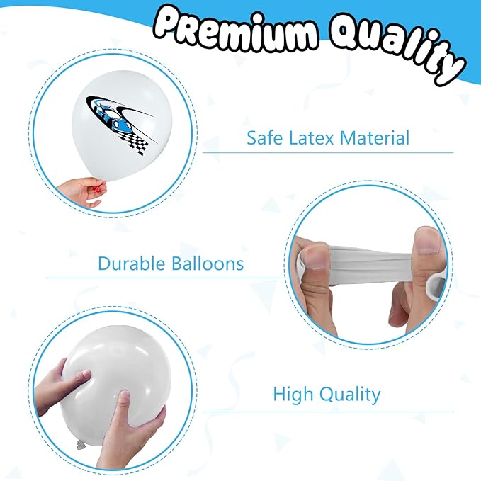 Race Car Balloons,12 Inch Checkered Flag Print Balloons and Blue Silver White Confetti Balloon for Boys Racing Car Birthday Baby Shower Fast Transportation Party Decorations