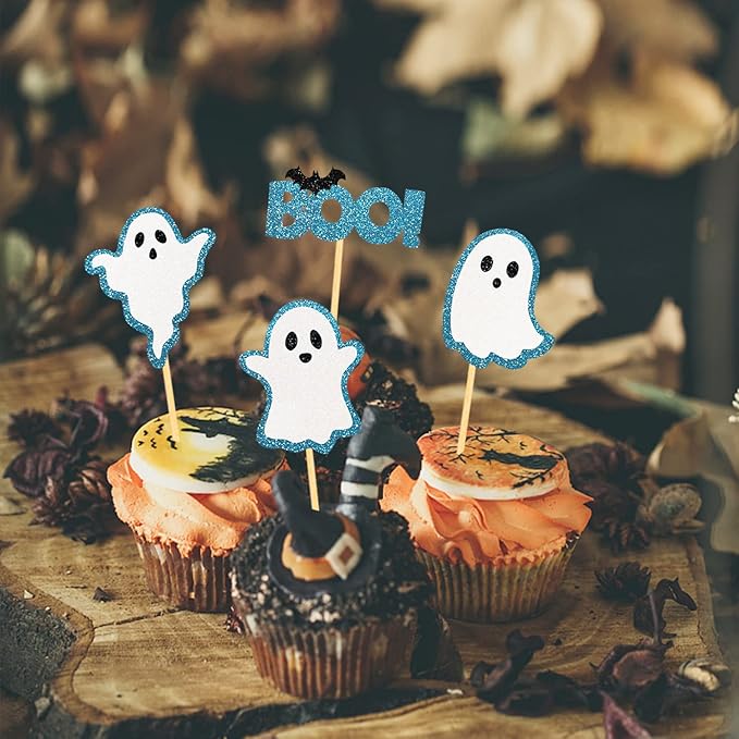 24 Pack Glitter Halloween Ghost Cupcake Toppers - Baby Shower Decor Gender Reveal Decorations (Blue)