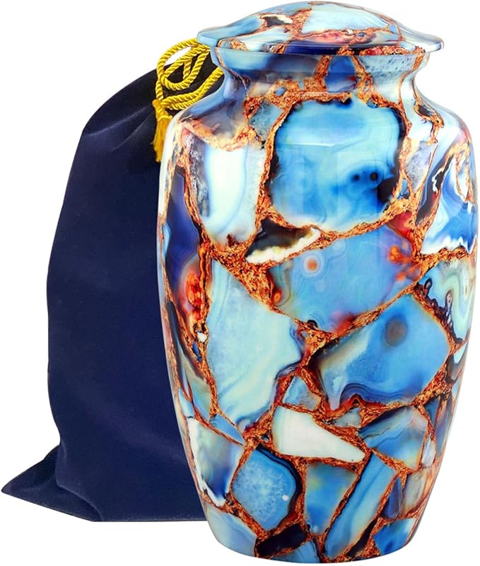 Large Cremation Urn | Handcrafted Marble Finish Adult Cremation Urn | Funeral and Memorial Cremation Urns for Human Ashes up to 200 lbs with Velvet Bag (Luxury Blue)
