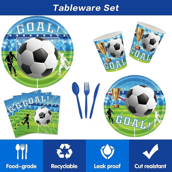 Soccer Party Supplies Set, 140 Pieces for 20 Guests, Tableware and Decorations with Plates, Napkins, Cups, sports Theme Birthday Party Pack