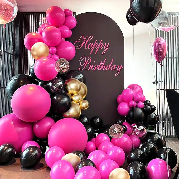 Red Black Gold Balloon Garland Arch Kit, 156 Hot Pink Black Gold Metallic Balloons for Birthday, Wedding, Anniversary, Festival, Bachelorette, Gender Reveal