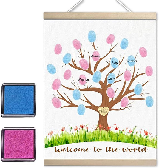Gender Reveal Decorations Fingerprint Tree Canvas Paintings Decor Gifts Ideas - Baby Party Supplies - Boy and Girl Gender Guess Game - Thumbprint Hanging Paintings