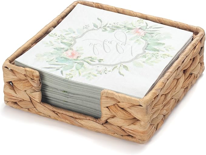 Water Hyacinth Napkin Holder for Table, Rattan Napkin Holder, Square Wicker Napkin Towel Holder for Bathroom, Kitchen, Restaurant, Decorative Tabletop Accessory, 7.5" x 7.5" x 2.5"