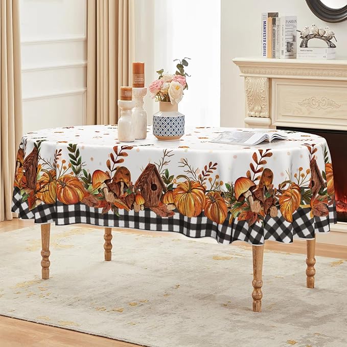 Horaldaily Fall Tablecloth 60×84 Inch Oval, Thanksgiving Autumn Harvest Pumpkin Mushroom Black Buffalo Plaid Table Cover for Party Picnic Dinner Decor