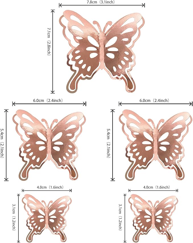 40 PCS Rose Gold Lively 3D Butterfly Cupcake Toppers Hollow Art Butterfly Cake Topper Decorations for Baby Shower Wedding Anniversary Kids Birthday Party Supplies Mixed Size