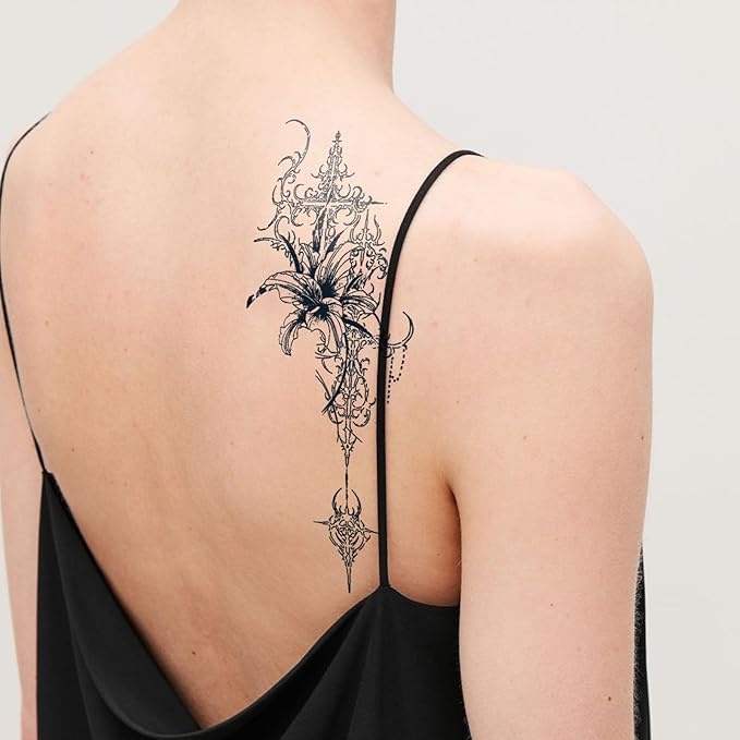 Tattoo Tech, 2 Sheets Lily Design Semi Permanent Tattoo, Black Realistic Temporary Tattoo for Women Adults, Lasts 7-15 Days Arm Shoulder Fake Tattoo Stickers, Waterproof & Non-Reflective