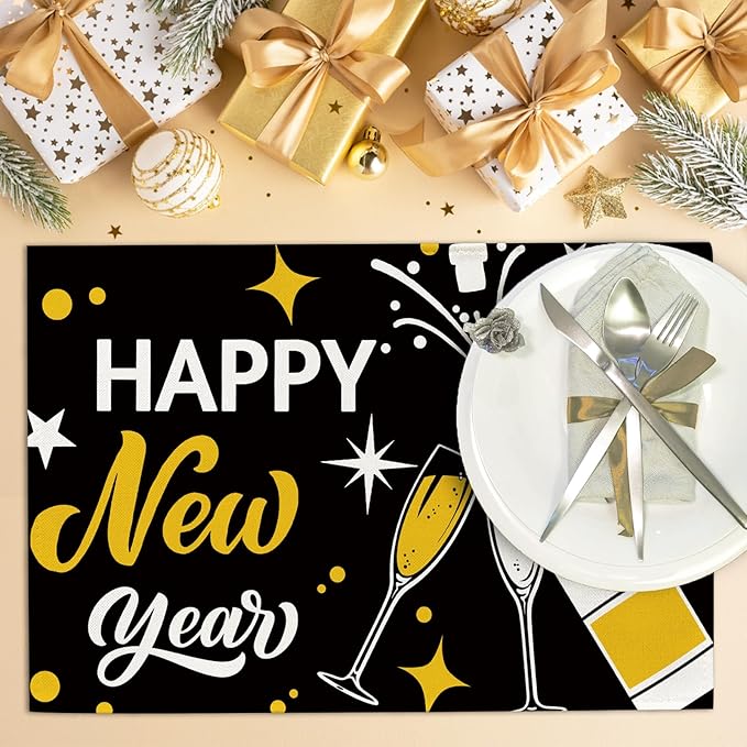 Seliem Happy New Year 2026 Black Gold Placemats Set of 4, Golden Champagne Stars Celebration Dining Table Place Mats, Christmas Kitchen Decor Home Decoration 12 x 18 Inch