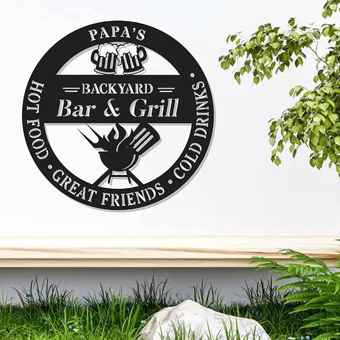 Personalized BBQ Grill Metal Sign - Custom Backyard Bar Decor - Outdoor Kitchen Hanging Accessories - Unique Gift for Dad, Husband, Grandpa, Pop