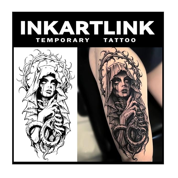 INKARTLINK Tattoo Tech, 2 Sheets Extra Large Semi Permanent Tattoo, Adult Art Design Temporary Tattoos, Lasts 1-2 Weeks, Waterproof, Realistic Look, No Adhesive, No Reflection (Nun)