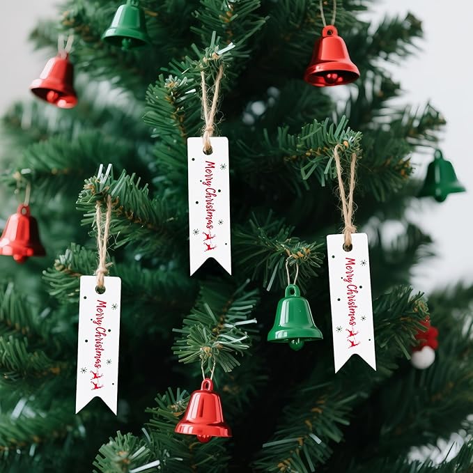 G2PLUS Small Merry Christmas Tags - 100Pcs Deer Xmas Present Tags, 2.8''x0.8'' White Paper Gift Tag with String for Gift Wrapping, Goodies Bags, Christmas Holiday Party Favors