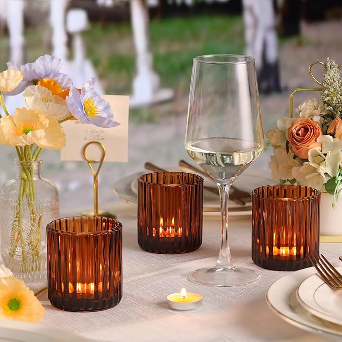 Amber Large Votive Candle Holder Set of 8, Tea Lights Candle Holders for Wedding Table Centerpieces, Boho Decor, Home Dinner Birthday Party Decor, Bridal Shower and Holiday Decorations