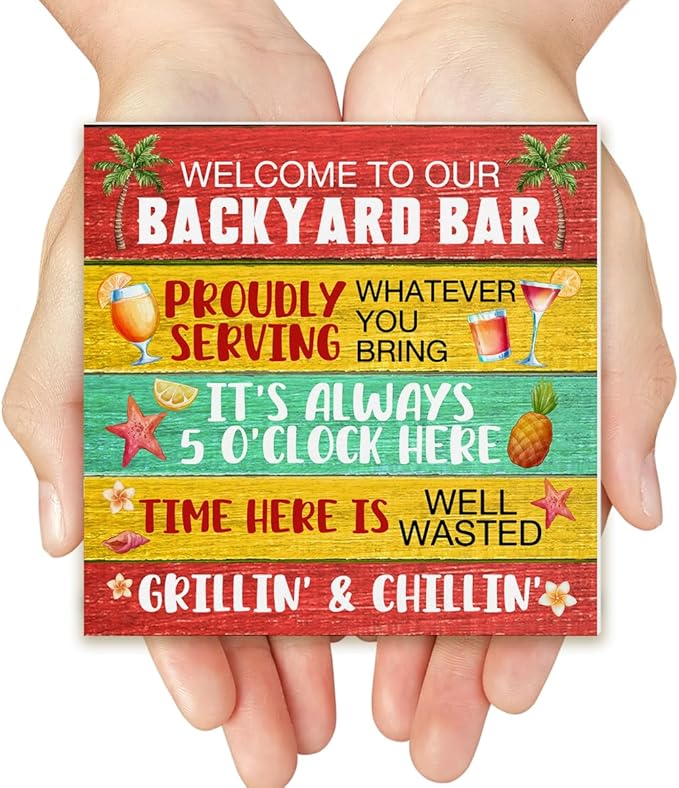 Backyard Bar Decor Bar Wood Block Sign Summer Decorations for Home Desk Table Shelf 5 x 5 Inches