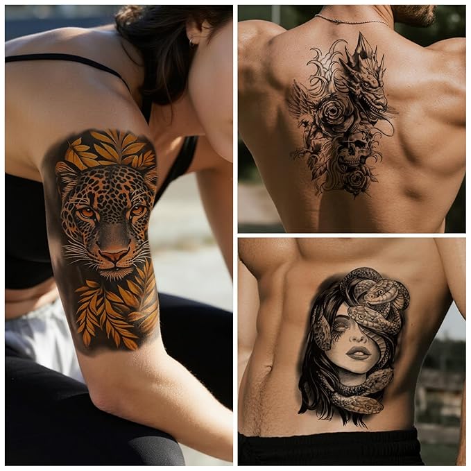 36 Sheets Temporary Tattoo for Men Women Adults, 12 Sheets Large Size Black 3D Half Sleeve Fake Tattoos, Halloween Tattoos Scary Lion Wolf Tiger PantherSnake Skull Skeleton Tattoos Stickers