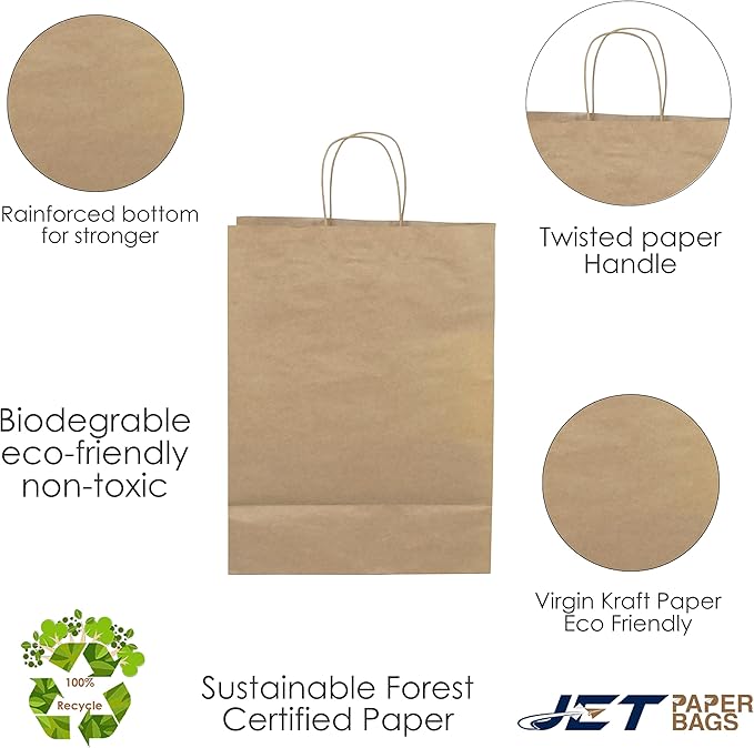 JET PAPER BAGS - 13”x7”x17” Inch [250 Pcs] Large Brown Paper Bags with Handles Prime for Takeout, Grocery, Goody, Retail, Party, Gifts, Weddings