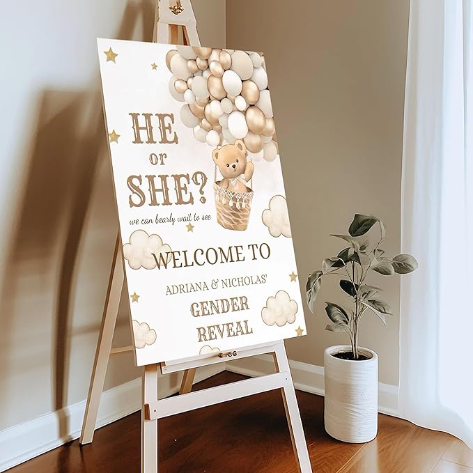 Gender Reveal Welcome Sign – Teddy Bear Balloon Theme,Personalized Teddy Bear Gender Reveal Welcome Sign, He or She Yard Sign, Boy or Girl Gender Reveal Sign, We Can Bearly Wait Gender Reveal .14