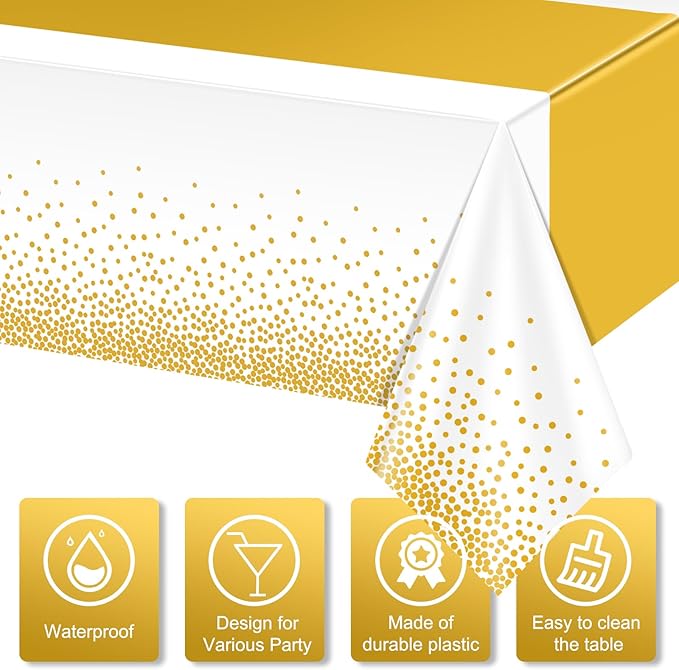 3Pcs White and Gold Tablecloth Party Decorations,Plastic White Table Cloth Printed Gold Table Runner Disposable Rectangle Table Cover for Birthday Wedding Anniversary Graduation Party,54 x108 Inch