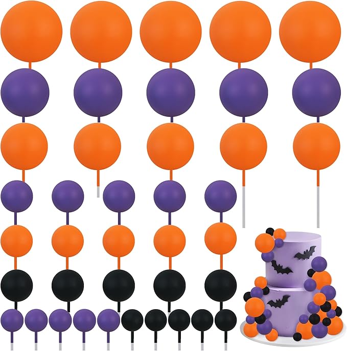BEISHIDA 40 Pcs Foam Ball Halloween Cake Toppers with Sticks Mini Cake Decorations for Birthdays, Weddings, Baby Showers, Anniversary Party, Halloween Cake Decorations(Black, Orange, Purple)