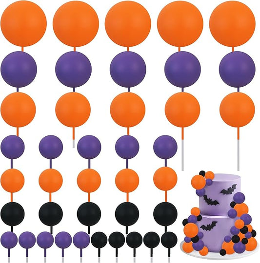 BEISHIDA 40 Pcs Foam Ball Halloween Cake Toppers with Sticks Mini Cake Decorations for Birthdays, Weddings, Baby Showers, Anniversary Party, Halloween Cake Decorations(Black, Orange, Purple)