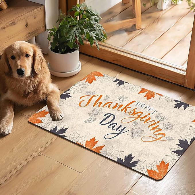 Fall Welcome Maple Leafs Decorative Door Mat, Autumn Thanksgiving Doormat for Indoor Outdoor Entrance Floor Mats,Fall Pumpkins Non Slip Harvest Vintage Decor Rubber Welcome Mats 30" x 18" Inch