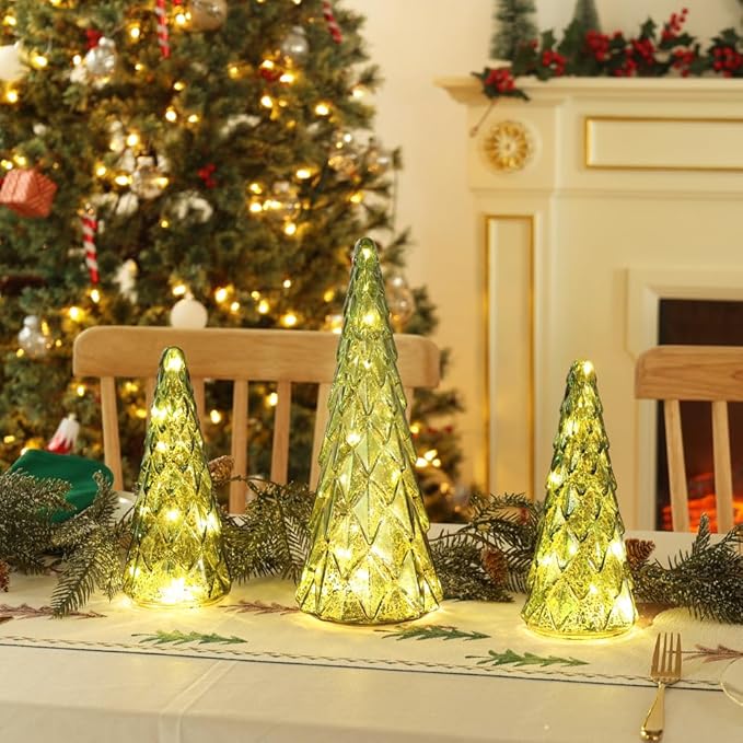 Christmas Decorations Indoor, YEAHOME Set of 3 Pre-lit Green Glass Christmas Tree for Home Decor, Christmas Table Decorations Lighted Xmas Tree with Timer for Living Room Mantel Tabletop Party
