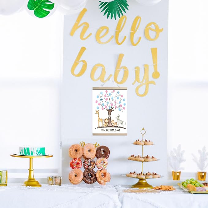 QZCYU Gender Reveal Party Decorations, Gender Reveal Fingerprint Tree with Safari Animals, Baby Shower Guest Book, Canvas Thumbprint Hanging Paintings