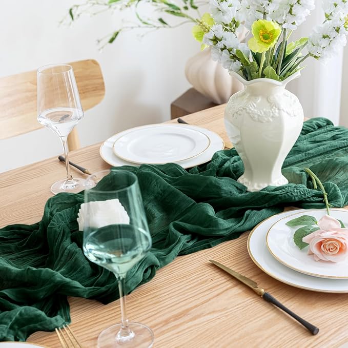 Asee'm Fall Table Runner Cheesecloth 10FT Emerald Green Boho Gauze Fabric Rustic Sheer Cheese Cloth Runners for Thanksgiving Wedding Bridal Shower Party Decoration