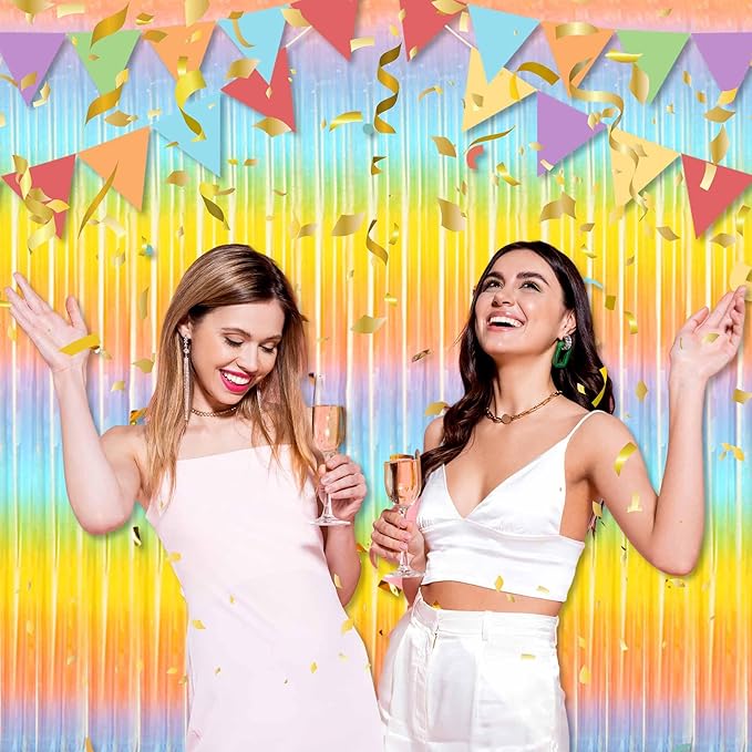 3 Pack Light Rainbow Foil Fringe Curtains Backdrop, 3.28 x 8.2 Ft Metallic Streamers Tinsel Curtains Background for Photo Booth, Birthday, Halloween, Christmas, New Year Party Decorations