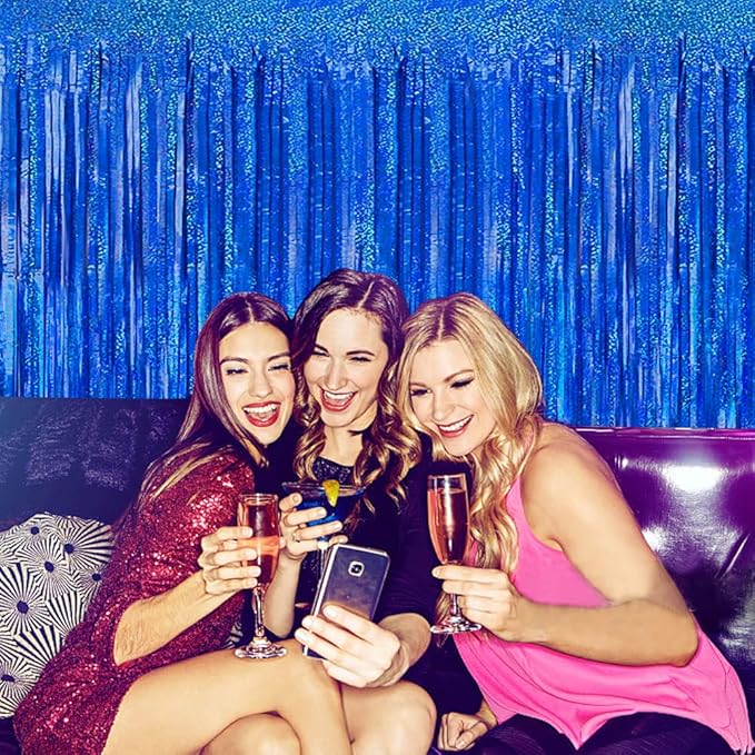 2 Packs 3.2ft x 6.6ft Royal Blue Metallic Tinsel Foil Fringe Curtains Photo Booth Props for Birthday Wedding Engagement Bridal Shower Baby Shower Bachelorette Holiday Celebration Party Decorations