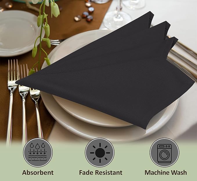 Ruvanti Cloth Napkins set of 12, 18x18 Inches Napkins Cloth Washable, Soft, Durable, Absorbent, Cotton Blend. Table Dinner Napkins Cloth for Hotel, Lunch, Restaurant, Weddings, Events, Parties - Black