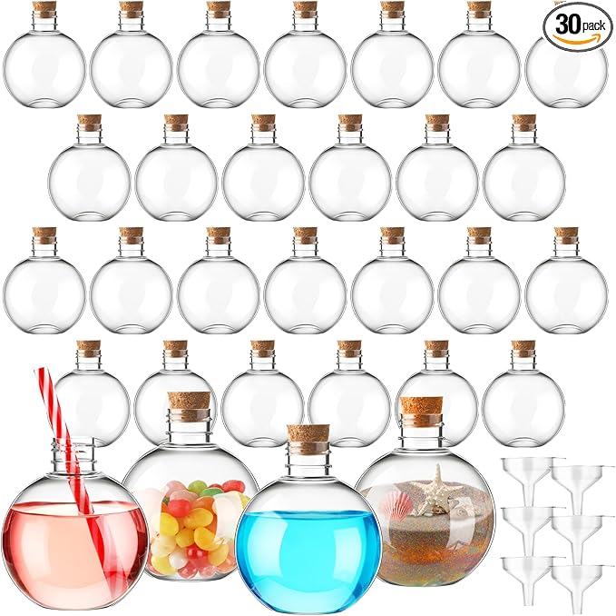 Jinei 30 Pcs 6 oz Ball Shape Plastic Sand Art Bottles Spherical Clear Plastic Potion Bottles Christmas Cocktail Ornament Balls for DIY Wedding Party Gift Crafts Decoration(Wood Color, Cork)