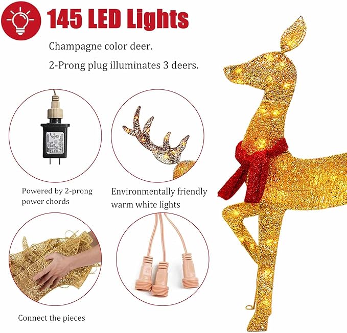 2025 New 48" 2.5D Lighted Christmas Deer Decorations, 3-Piece Lighted Christmas Deer Family Set, 4FT Large Outdoor Yard Reindeer Holiday Decoration with145 LED Lights, Gold