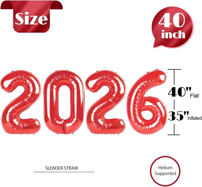 2026 Balloon Numbers - 40 Inch Red New Years Eve Party Supplies 2026, Nye Decor Party Decorations Happy New Year, New Years Eve Foil Party Balloons