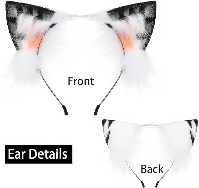 QinRuan Animal Cosplay Costume Accessories Furry Faux Fur Cat Ears Headband and Fox Tail Set Halloween Accessory