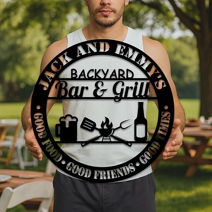 Custom Backyard Bar & Grill Metal Sign, Personalized Outdoor Kitchen Wall Art, Rustic BBQ Plaque with Good Food Good Friends Good Times Quote, Patio Barbecue Decor Gift for Dad Husband Family