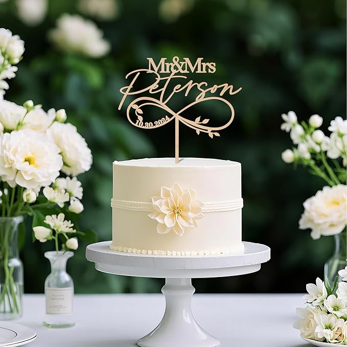 Mr & Mrs Wedding Cake Topper Personalized Bride & Groom's Last Name and Date Customized Wedding Anniversary Cake Decoration Leaves Infinity in Wood