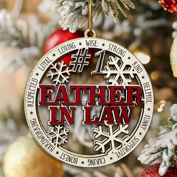 #1 Father-in-Law Wooden Christmas Ornament – Best Father-in-Law Holiday Tree Hanging Decoration, Rustic Xmas Gift with Snowflakes & Words