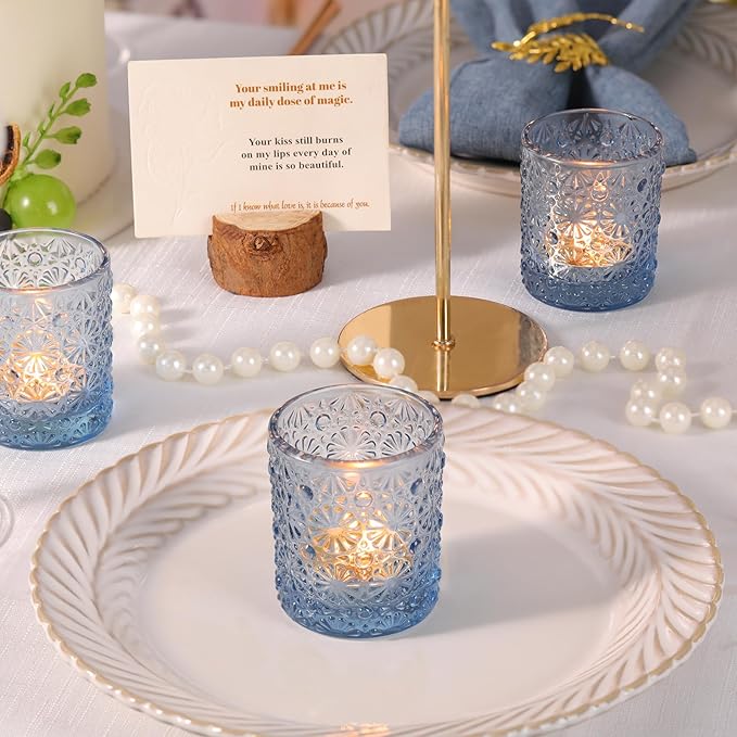Blue Votive Candle Holder Set of 36, Flower Tea Lights Candles Holders for Wedding Table Centerpieces, Birthday Parties, Home Decor, Blue Bridal Shower and Holiday Decorations