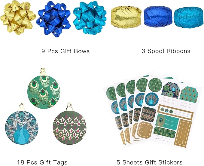WRAPAHOLIC Peacock Christmas Wrapping Paper Set - Green Peacock Elements Patterns with Metallic Foil Shine Wrapping Paper Bundle with Gift Bow & Ribbon & Tag & Sticker
