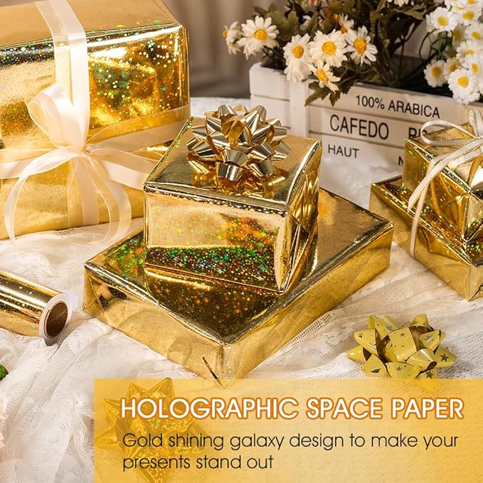 Yarcony Gold Wrapping Paper Roll, Holographic Space Wrapping Paper - 17 Inch x 33 Feet - Shiny Iridescent Galaxy Design Thick Gold Gift Wrap Paper for Birthday, Wedding, Christmas,Baby Shower