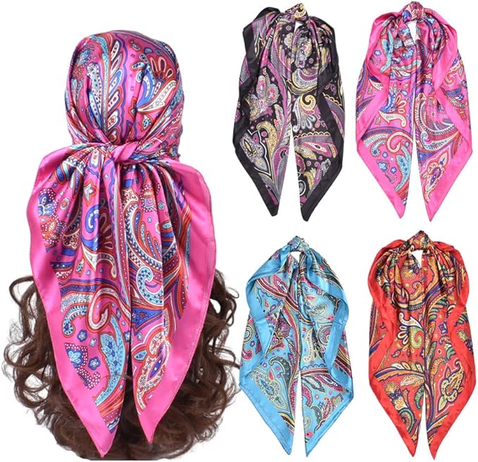 4Pcs Silk Head Scarves for Women Satin Hair Scarf 35”Large Square Bandana Silk Like Neck Scarf Shawl