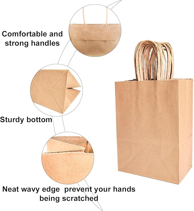 BAG BOX 25 Pcs Medium 8.25x4.3x10.6 Inch Brown Kraft Paper Gift Bags with Handles for Bulk Wedding, Party Favors, Grocery, Shopping, Retail Merchandise, Gift Sacks