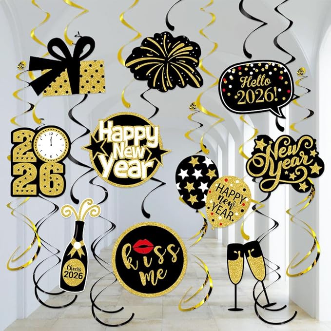 Happy New-Year’s Eve Party-Decoration Banner Garland - 16pcs Black Gold 2026 Swirl Streamers Banner, Nye Kids Hanging Supplies Decor Lasting Surprise