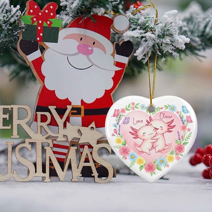 Personalized Axolotl Couple 1St Xmas Ornament, Funny Couple Ornament Gift for Mr Mrs Husband Wife, Married Couples Christmas Tree Decoration, Custom Names Sea Axolotl Ceramic Ornaments Xmas