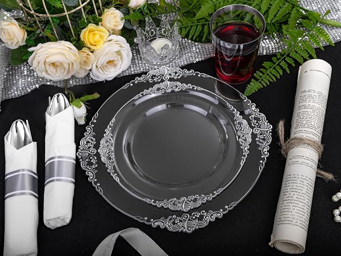 Morejoy 350PCS Clear Silver Plastic Plates - Silver Disposable Plates sets Include 50 Dinner Plates,50 Salad Plates,50 Forks,50 Knives, 50 Spoons，50 Cups, 50 Rolled Napkins for Wedding & Party
