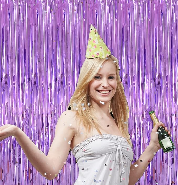 Shiny Light Purple Fringe Curtain,2pcs 3.2ft x 8.2ft Metallic Tinsel Foil Party Streamers Photo Booth Backdrop Props for Birthday Wedding Bridal Shower Baby Shower Bachelorette Party Decor