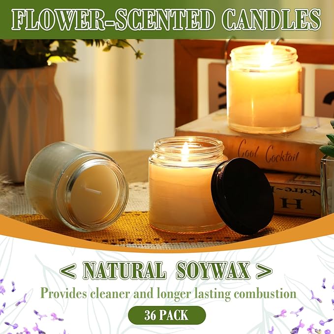MTLEE 36 Pcs Mini Mason Jar Candles Favors Bulk 4 oz Small Scented Jar Candles with Lids for Birthday Wedding Party Gift(Freesia, Gardenia, Lavender)