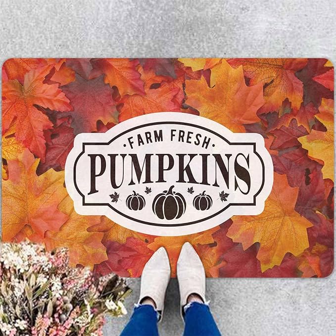 InterestPrint Thanksgiving Doormat Fall Door Mat, Fall Maple Leafs Welcome Door Mats Outdoor Indoor Autumn Leaves Doormat, Harvest Pumpkin Door Rug for Thanksgiving Farmhouse Decor, 24"x16"inch
