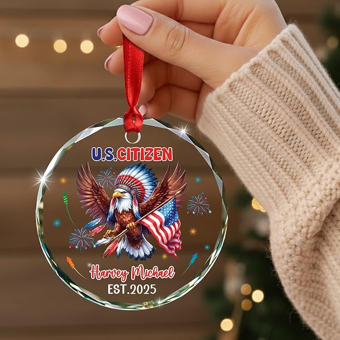 U.S. Citizen Eagle Glass Ornament Gift for Congratulations US Citizenship, Personalized New American Citizen Xmas Ornament 2025, Custom Citizens Decor Ornaments Gift for Immigrants Naturalization