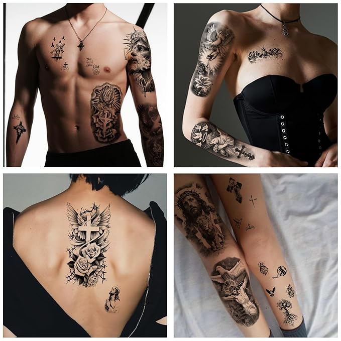 Yazhiji 48 Sheets Christian Full Arm Temporary Tattoos For Adult, Religious Jesus Christ Cross Angel God Half Arm Fake Tattoos, Christ Catholic Realistic Tiny Body Temporary Tattoos for Men Women Kids